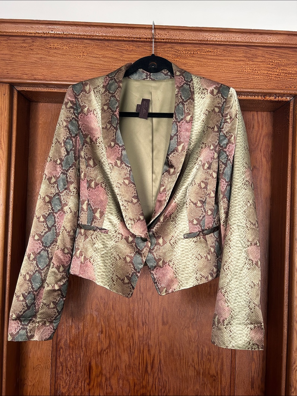 Anne Klein, Pink and Green Snake-Print Cropped Blazer